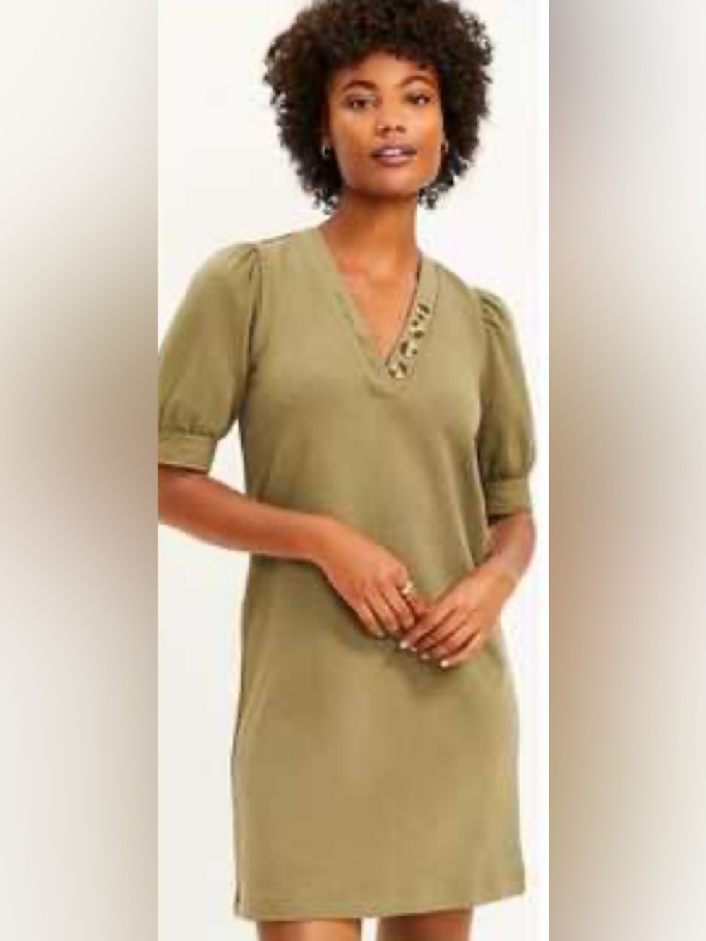 LOFT Petites Olive Green V Neck Mini Dress Puff Sleeves Button Details Size LP